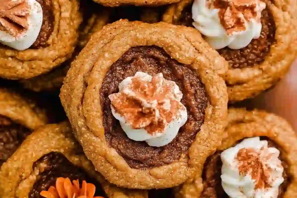 A batch of Vegan Pumpkin Pie Cookies on a baking sheet, sprinkled with cinnamon and sugar.