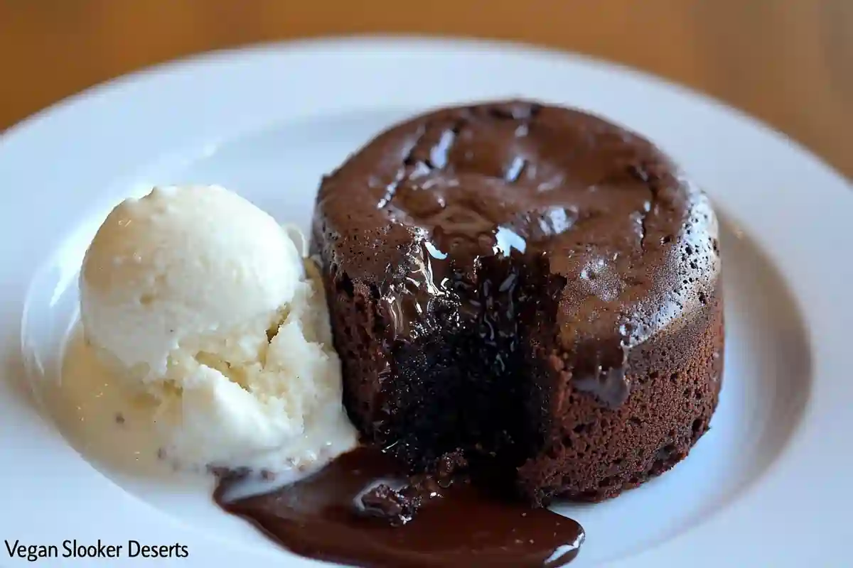 Vegan slow cooker chocolate lava cake with gooey center