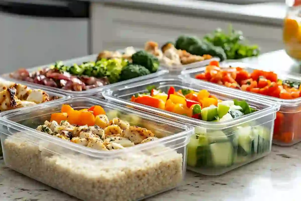 Quick family meal prep ideas with prepped meals in containers, featuring fresh vegetables and proteins.