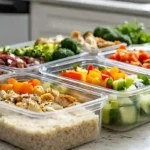 Quick family meal prep ideas with prepped meals in containers, featuring fresh vegetables and proteins.