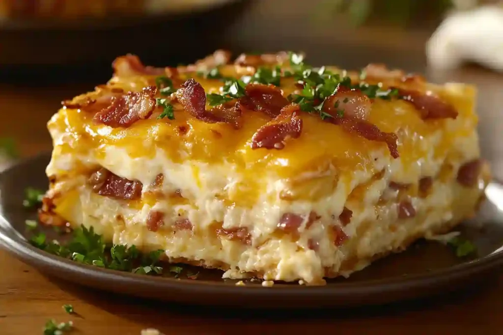 Crack Breakfast Casserole with eggs, cheese, crispy bacon, and potatoes in a baking dish, garnished with fresh herbs.