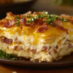 Crack Breakfast Casserole with eggs, cheese, crispy bacon, and potatoes in a baking dish, garnished with fresh herbs.